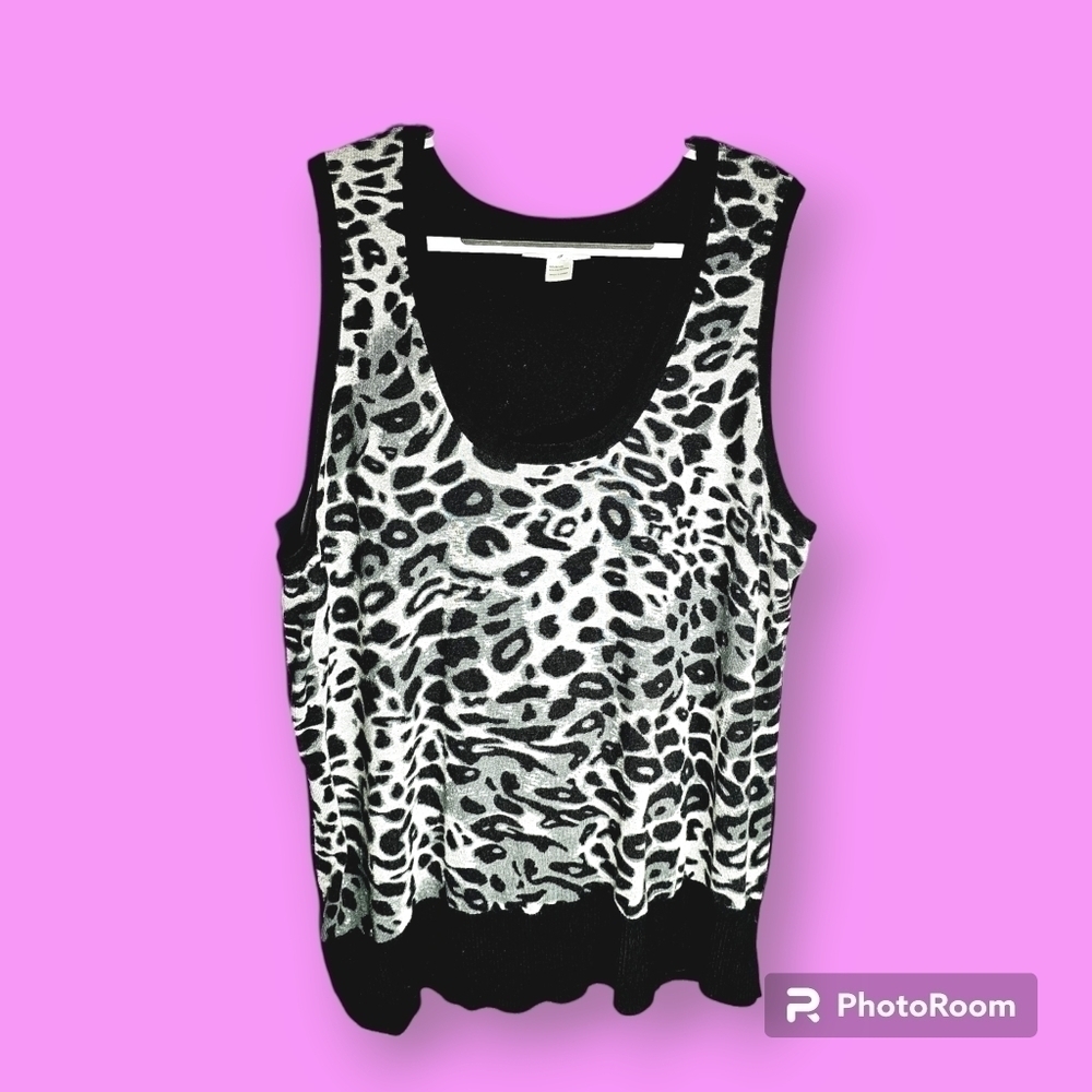 Coco Roja Black & Gray Animal Print Sleeveless Sweater Vest Top Size Large